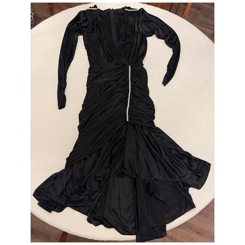 Vintage Black Rhinestone Ruched Cocktail Dress Size Small Glam Halloween Holiday